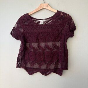 Sheer Burgundy Lace‎ Top Short Sleeves Say What? Women’s Size S